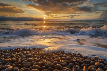 Obraz premium Golden sun rays illuminate waves crashing onto a shore lined with smooth stones