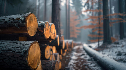 stack of freshly cut wooden logs in a foggy forest - Powered by Adobe