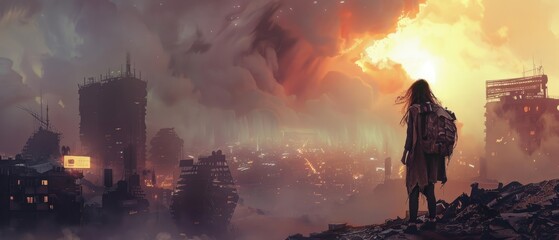 Obraz premium woman in A mesmerizing post-apocalyptic world background