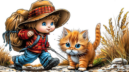 Two red-haired friends - a boy with a fishing rod and backpack and a kitten on a walk. Storybook illustration on a white background