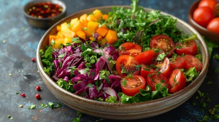 A colorful rainbow salad packed with an array of crisp veggies, drizzled with balsamic vinaigrette, a healthy and vibrant lunch option