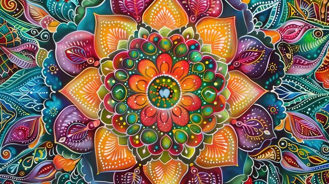 The image showcases a vibrant and colorful mandala design. At the center lies a harmonious floral pattern with an array of warm colors like red, orange, yellow, and green, with highlights of blue and 