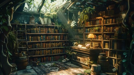 The image showcases a cozy and atmospheric library with an enchanting ambiance. Bookshelves brimming with old books line the walls, and the shelves are accented with various decorative objects like po