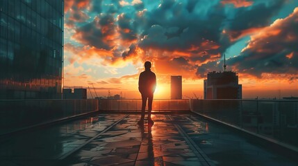 A silhouette of a person stands on a rooftop terrace gazing at a dramatic sunset. The sky is streaked with orange, red, and blue colors, suggesting either early morning or late afternoon. Reflections  - Powered by Adobe