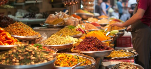 Obraz premium Lively food market filled with stalls selling a wide variety of cuisines from around the world