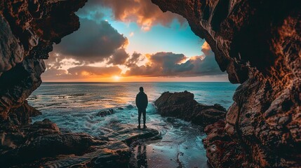 The image captures a breathtaking scene where a person stands facing the ocean during sunrise or sunset. The individual is in silhouette, positioned on a rocky outcrop that juts into the turbulent sea