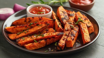 A plate of crispy baked sweet potato fries, arranged neatly on a white surface, offering a guilt-free and flavorful snacking option