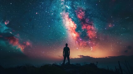 A silhouette of an individual standing on grassy terrain against a vibrant night sky filled with stars and nebulae. The person is looking towards a cosmos painted with hues of pink, blue, and purple, 