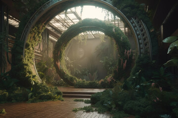 Archway covered in vibrant green moss and various plants creating a natural tunnel effect
