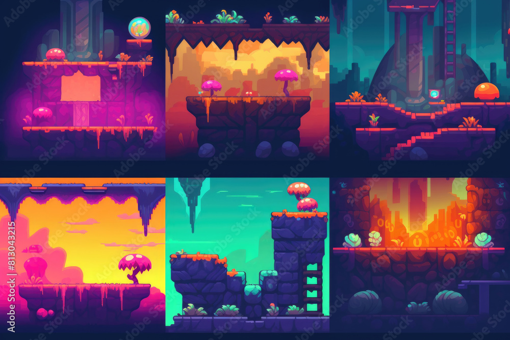 Poster multiple instances of pixel art arranged in a repetitive pattern, showcasing a variety of color shad
