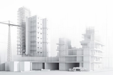 Fototapeta premium Detailed 3D model of a building at a construction site, showcasing ongoing work with cranes, scaffolding, and workers