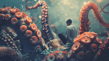 The image shows a surreal scene where a person is seemingly sitting calmly in water while surrounded by large octopus tentacles. The tentacles, detailed with orange suckers, loom over and around the p - Powered by Adobe