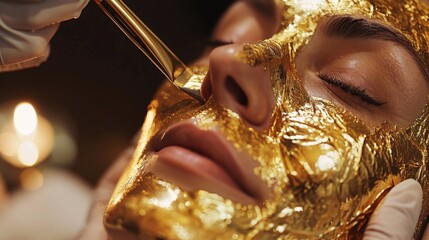 Capture a skilled beautician in a luxury spa in Paris applying a gold leaf facial treatment,