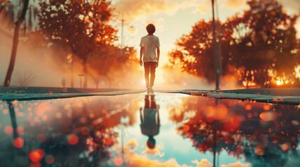 A solitary individual stands at the center of the composition on a wet surface, with their back to the viewer. They are wearing casual clothing—a white t-shirt and dark pants—and have curly, short hai - Powered by Adobe