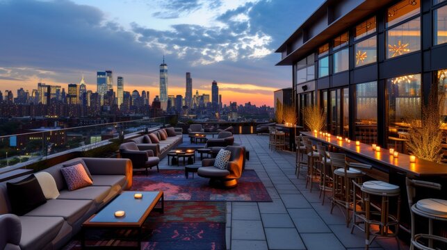 Stylish rooftop bar with panoramic views of the city skyline
