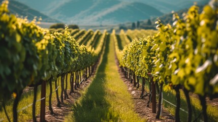 Naklejka premium Scenic vineyard with rows of grapevines stretching into the distance