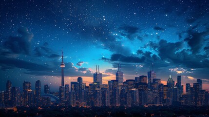 Stunning city skyline illuminated by the lights of skyscrapers and buildings
