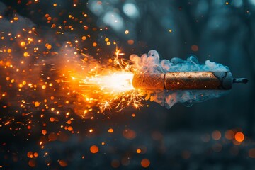 Detailed shot of a firecracker igniting with sparks and smoke against a dark background, denoting celebration