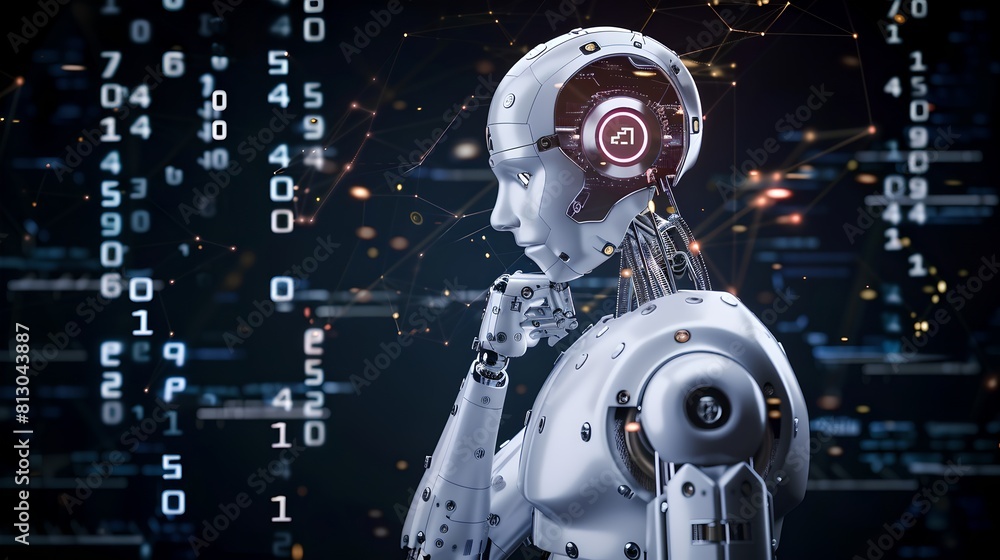 Poster futuristic ai robot contemplates digital data, cyberspace concept with machine learning. modern visu