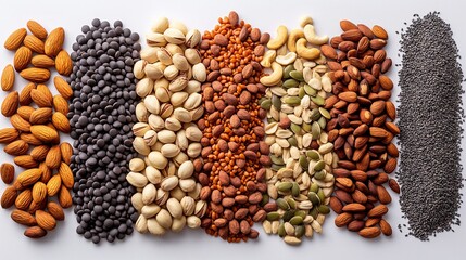 A selection of crunchy nuts and seeds, artfully displayed on a white backdrop, perfect for a protein-packed munch
