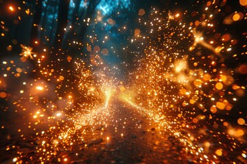 Fototapeta na wymiar A mystical scene of a forest path showered with golden sparkles that suggest a magical or enchanted moment