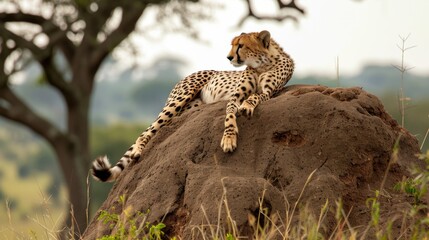Cheetah lounging on a termite mound, its sleek body poised for a sprint