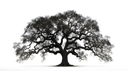 A majestic oak tree silhouette against a solid white background