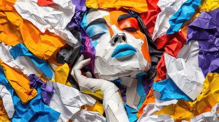 A womans face is fully covered with a variety of crumpled paper in different colors, completely obscuring her features