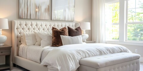 Obraz premium Modern elegant bedroom with soft cream tones cozy pillows and natural light. Concept Bedroom Decor, Soft Color Palette, Cozy Pillows, Natural Light, Modern Elegance