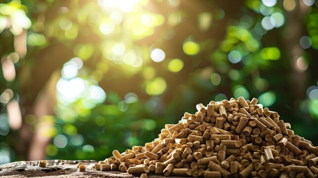 Wood pellet stack against a natural backdrop.