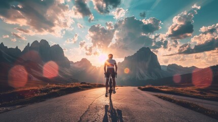 Fototapeta premium Man cycling on a mountain road surrounded by scenic views, adventure background