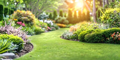 Lush green garden with shrubs flowers and a wellmaintained lawn. Concept Garden Design, Landscaping, Plant Care, Outdoor Living, Gardening Techniques