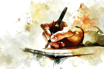 A watercolor painting depicting a hand holding a pen and writing on a surface