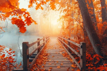 a bridge over water with orange leaves