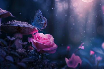 a butterfly on a mushroom and a rose