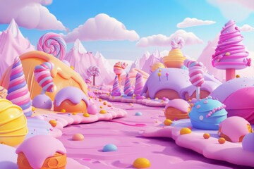 a candy land with mountains and clouds