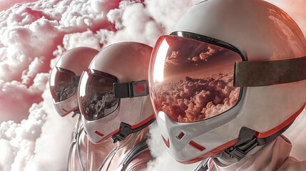 Horizontal AI illustration astronauts in reflective helmets against a cloudy sky. People concept.