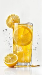 Vertical AI illustration refreshing lemonade in a tall glass with splashing water. Drinking concept.