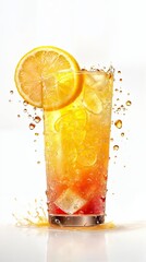 Vertical AI illustration dynamic splash in a fruit-infused iced tea glass. Drinking concept.