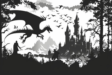 a black and white illustration of a castle and a dragon
