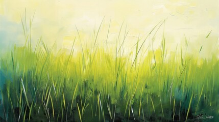 Obraz premium A painting of a field of grass with a blue sky in the background