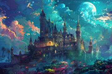 a castle with towers and towers and a moon in the sky