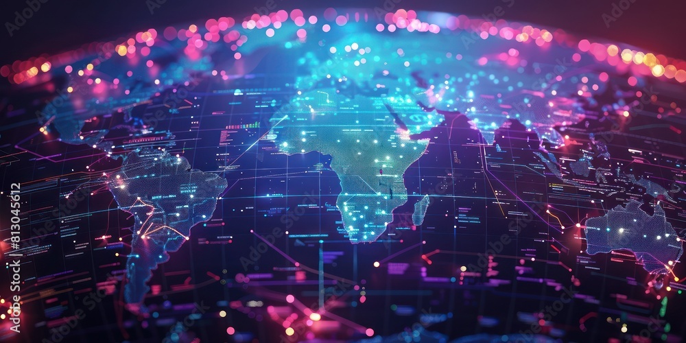 Poster abstract glowing plexus world map.