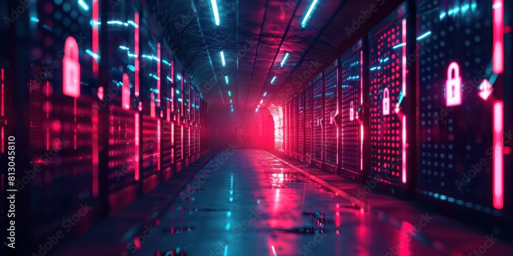 Poster abstract technology background with glowing neon lights and server racks. futuristic sci-fi concept.