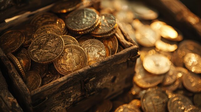 An old wooden treasure chest filled with gold coins.