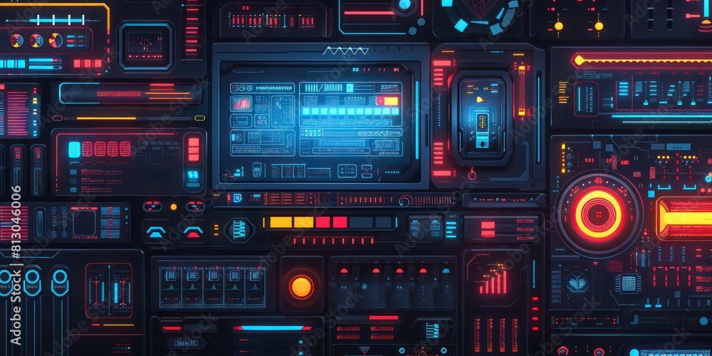 Poster futuristic spaceship control panel with glowing lights and buttons.