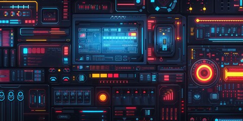 Futuristic spaceship control panel with glowing lights and buttons.