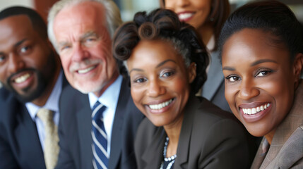 Obraz premium close up of african american businesswomen smiling at camera with multicultural coworkers in background