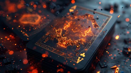 Naklejka premium Playing cards in a blazing fire, Copy space,Space for text,Generative AI,燃え盛る炎に包まれているトランプ、コピースペース,テキスト用スペース,Generative AI,