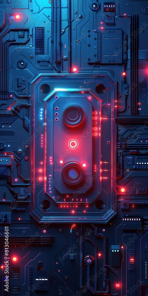 Poster the image is a circuit board with a glowing red light in the center. the background is dark blue wit
